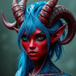 A female tiefling with deep black eyes and striking red skin, adorned with blue dragon scales