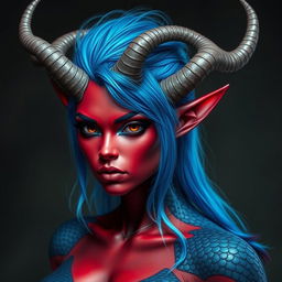 A female tiefling with deep black eyes and striking red skin, adorned with blue dragon scales