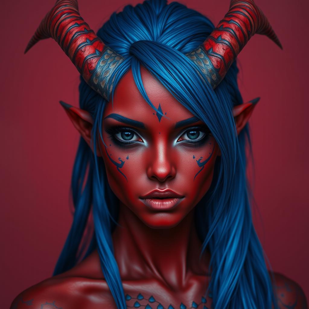 A female tiefling with deep black eyes and striking red skin, adorned with blue dragon scales