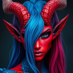 A female tiefling with deep black eyes and striking red skin, adorned with blue dragon scales