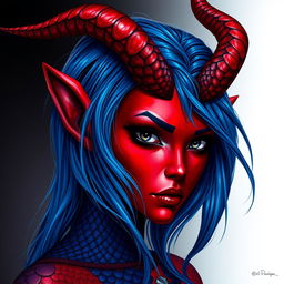 A female tiefling with deep black eyes and striking red skin, adorned with blue dragon scales