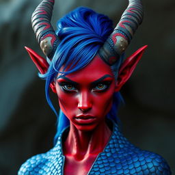 A female tiefling with deep black eyes and striking red skin, adorned with blue dragon scales