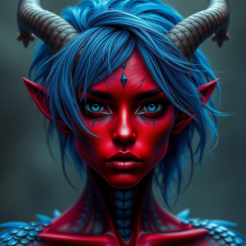 A female tiefling with deep black eyes and striking red skin, adorned with blue dragon scales