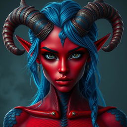 A female tiefling with deep black eyes and striking red skin, adorned with blue dragon scales