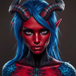 A female tiefling with deep black eyes and striking red skin, adorned with blue dragon scales