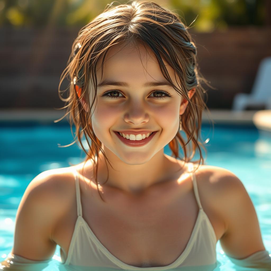 A beautiful 18-year-old girl smiling while enjoying herself in a pool outdoors