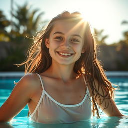 A beautiful 18-year-old girl smiling while enjoying herself in a pool outdoors