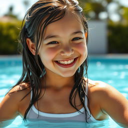 A beautiful 18-year-old girl smiling while enjoying herself in a pool outdoors