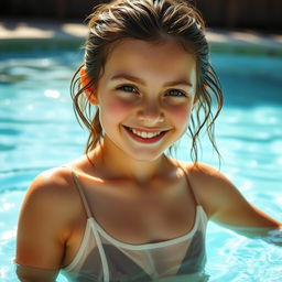 A beautiful 18-year-old girl smiling while enjoying herself in a pool outdoors