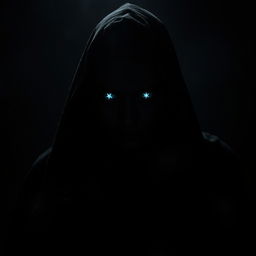 A mysterious figure stands cloaked in shadows, their eyes glistening like cold, shimmering stars in the dark