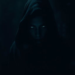 A mysterious figure stands cloaked in shadows, their eyes glistening like cold, shimmering stars in the dark