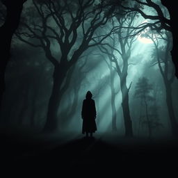 A mysterious and unnamed silhouette standing in the middle of a foggy forest