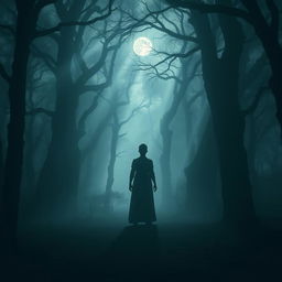 A mysterious and unnamed silhouette standing in the middle of a foggy forest