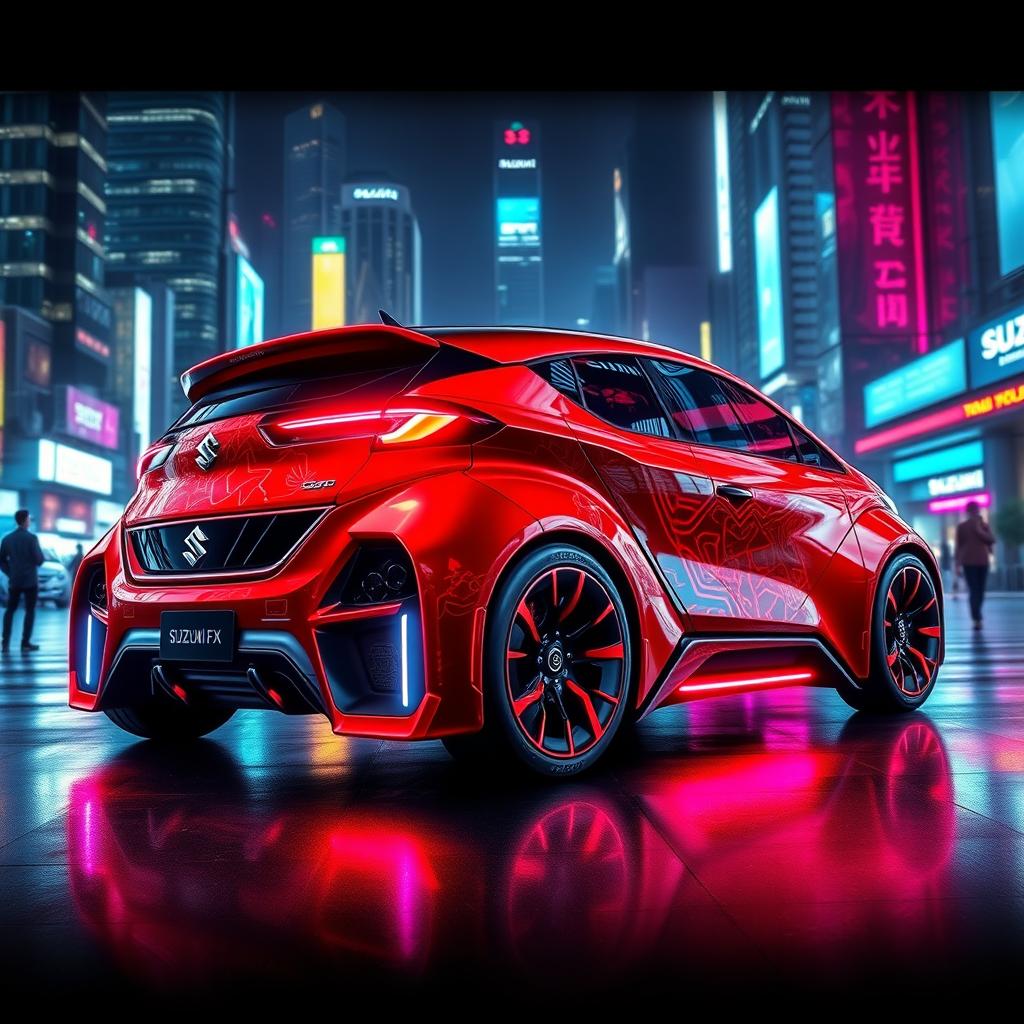 A futuristic Suzuki FX car designed with a cyberpunk theme, featuring a sleek and aerodynamic body