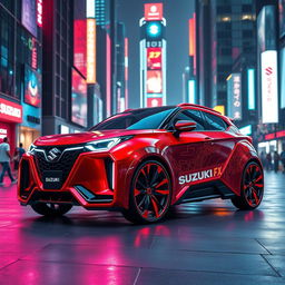 A futuristic Suzuki FX car designed with a cyberpunk theme, featuring a sleek and aerodynamic body