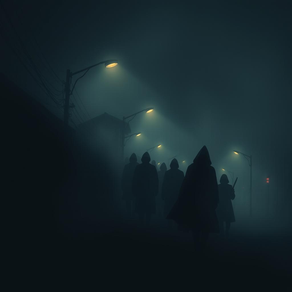 A surreal depiction of life in the shadow, where mysterious figures move silently within dark, soft shadows