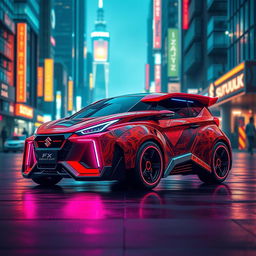 A futuristic Suzuki FX car designed with a cyberpunk theme, featuring a sleek and aerodynamic body