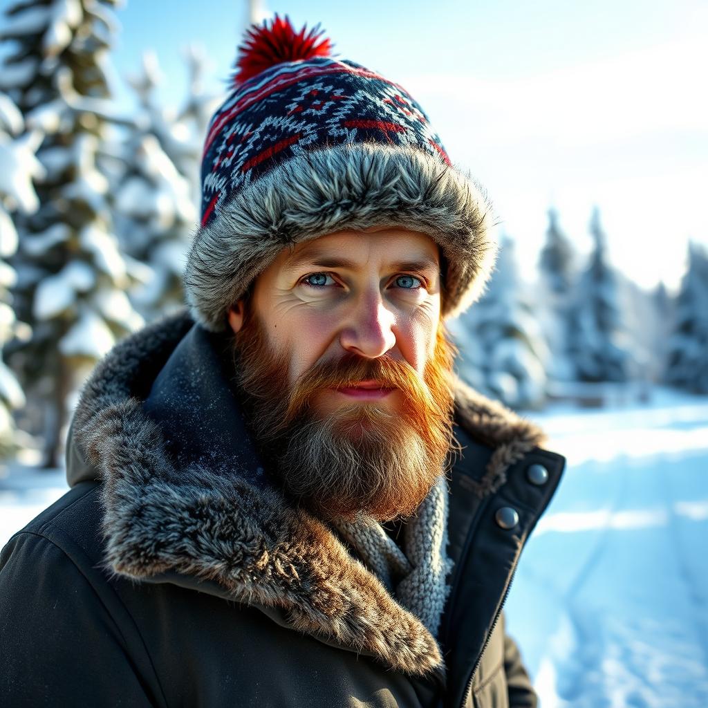 A man wearing a traditional Russian celinka hat, standing confidently in a picturesque snowy landscape