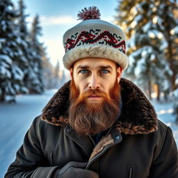 A man wearing a traditional Russian celinka hat, standing confidently in a picturesque snowy landscape