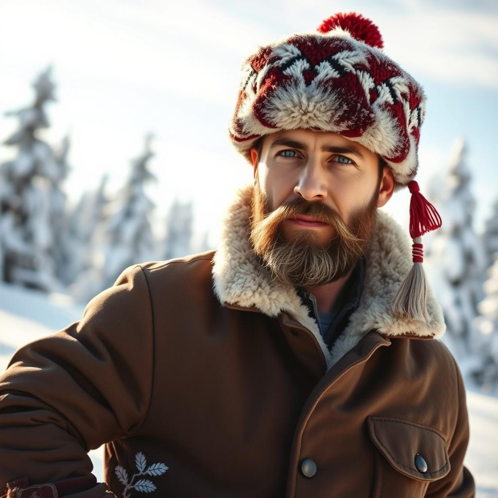 A man wearing a traditional Russian celinka hat, standing confidently in a picturesque snowy landscape