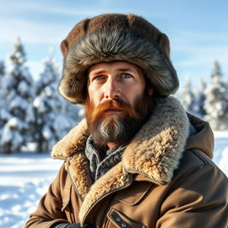 A man wearing a traditional Russian celinka hat, standing confidently in a picturesque snowy landscape