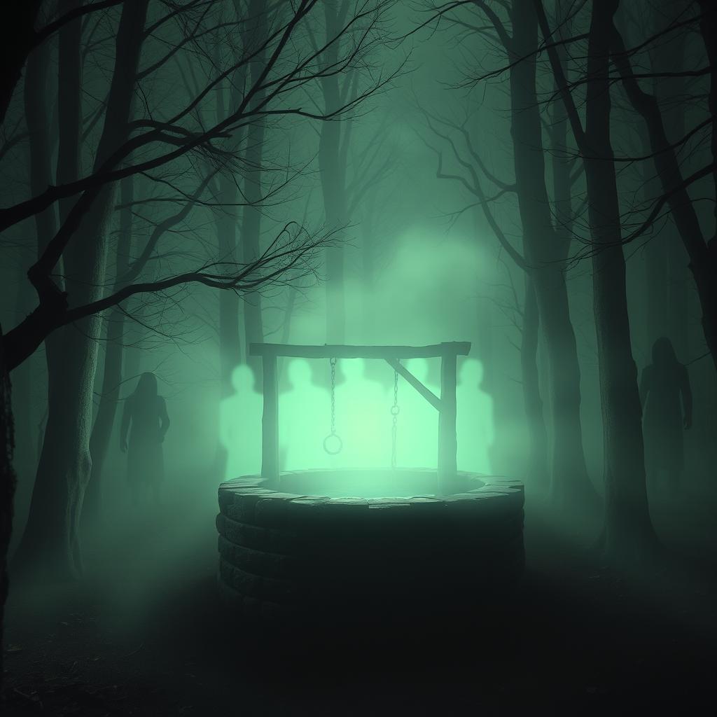 A surreal and eerie scene depicting an ancient stone well in a misty, shadowy forest