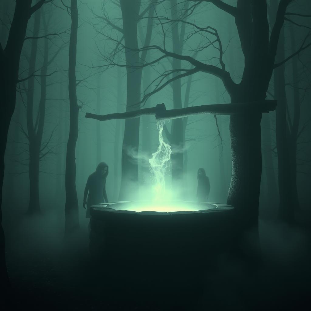 A surreal and eerie scene depicting an ancient stone well in a misty, shadowy forest