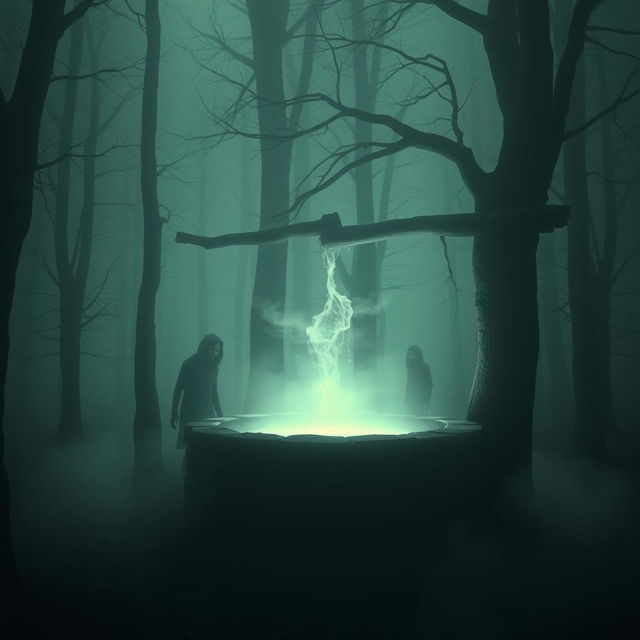 A surreal and eerie scene depicting an ancient stone well in a misty, shadowy forest