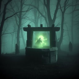 A surreal and eerie scene depicting an ancient stone well in a misty, shadowy forest