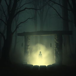 A surreal and eerie scene depicting an ancient stone well in a misty, shadowy forest