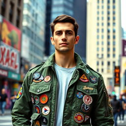 A man wearing a green jacket adorned with various badges and patches