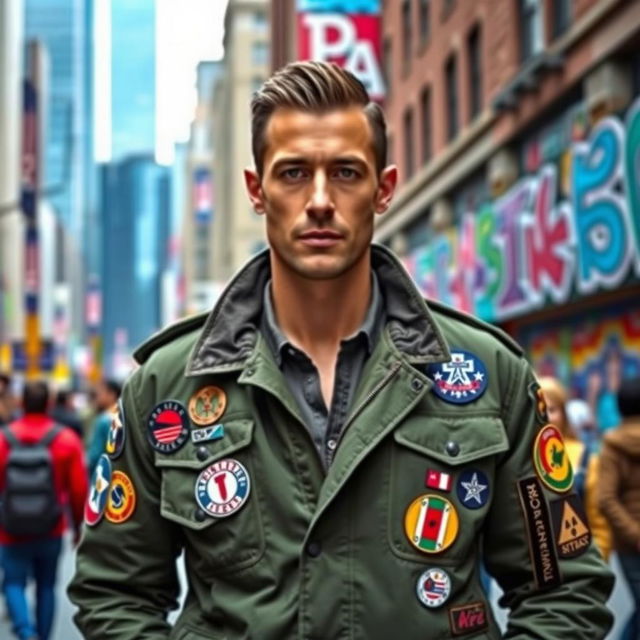 A man wearing a green jacket adorned with various badges and patches