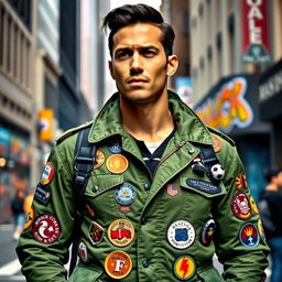 A man wearing a green jacket adorned with various badges and patches