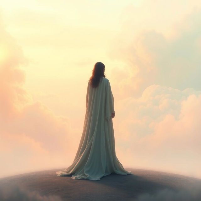 A solitary figure standing in a dreamy, surreal landscape, looking away from the viewer