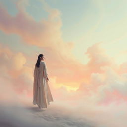 A solitary figure standing in a dreamy, surreal landscape, looking away from the viewer