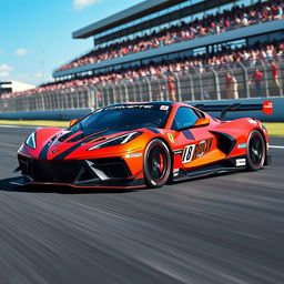 A Corvette C8 inspired LMDh racecar, with sleek, aerodynamic features and cutting-edge engineering, racing on a professional track