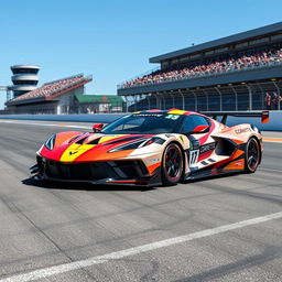 A Corvette C8 inspired LMDh racecar, with sleek, aerodynamic features and cutting-edge engineering, racing on a professional track