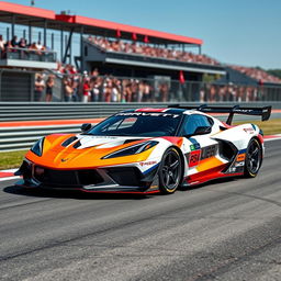 A Corvette C8 inspired LMDh racecar, with sleek, aerodynamic features and cutting-edge engineering, racing on a professional track