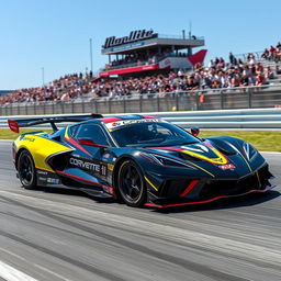 A Corvette C8 inspired LMDh racecar, with sleek, aerodynamic features and cutting-edge engineering, racing on a professional track