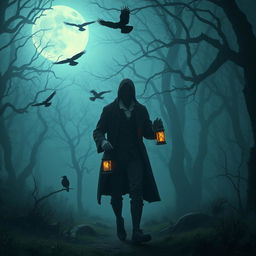 A headless English man dressed in 18th-century attire wandering through an eerie, foggy forest at midnight