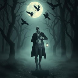 A headless English man dressed in 18th-century attire wandering through an eerie, foggy forest at midnight