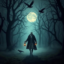 A headless English man dressed in 18th-century attire wandering through an eerie, foggy forest at midnight