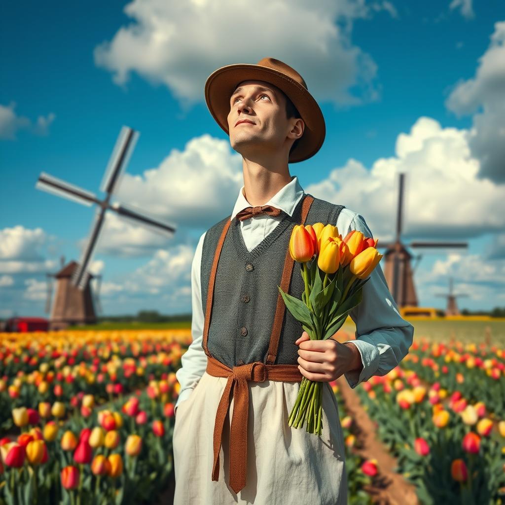 Headless Dutch man wearing traditional Dutch attire, standing in a picturesque windmill field, holding a bouquet of tulips in one hand