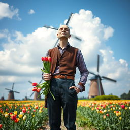 Headless Dutch man wearing traditional Dutch attire, standing in a picturesque windmill field, holding a bouquet of tulips in one hand