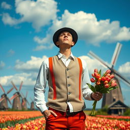 Headless Dutch man wearing traditional Dutch attire, standing in a picturesque windmill field, holding a bouquet of tulips in one hand