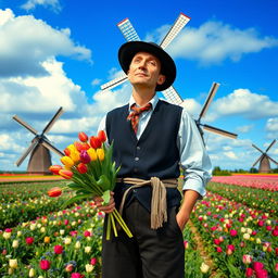 Headless Dutch man wearing traditional Dutch attire, standing in a picturesque windmill field, holding a bouquet of tulips in one hand