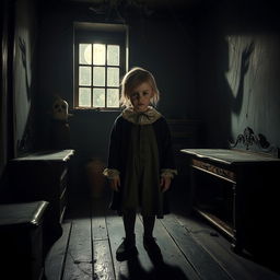 A ghostly Dutch child with an eerie presence, standing in an old, dimly lit room in an ancient Dutch house