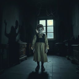 A ghostly Dutch child with an eerie presence, standing in an old, dimly lit room in an ancient Dutch house