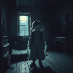 A ghostly Dutch child with an eerie presence, standing in an old, dimly lit room in an ancient Dutch house