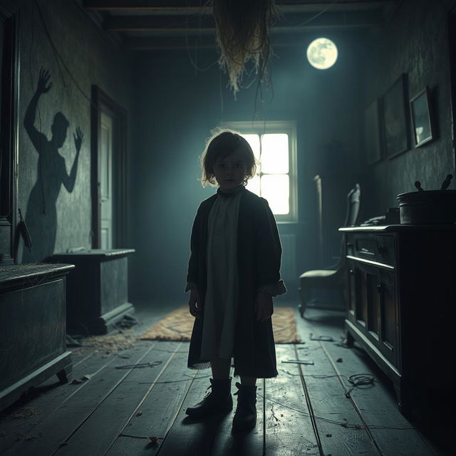 A ghostly Dutch child with an eerie presence, standing in an old, dimly lit room in an ancient Dutch house